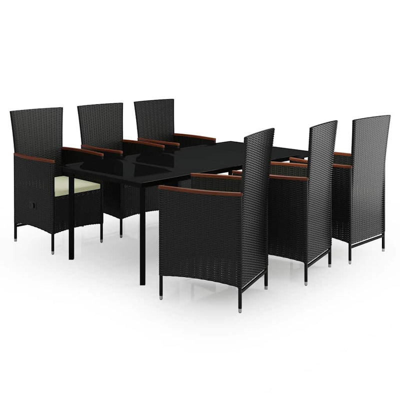 Set de masă pentru grădină, 7 piese, cu perne, negru