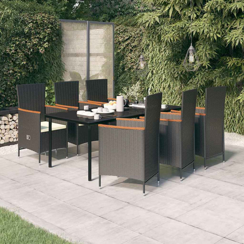 Set de masă pentru grădină, 7 piese, cu perne, negru