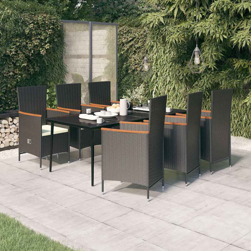 Set de masă pentru grădină, 7 piese, cu perne, negru