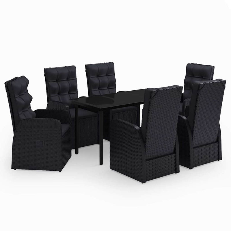 Set de masă pentru grădină, 7 piese, cu perne, negru