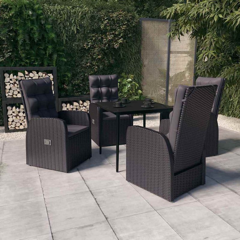 Set masă pentru grădină, 5 piese, cu perne, negru