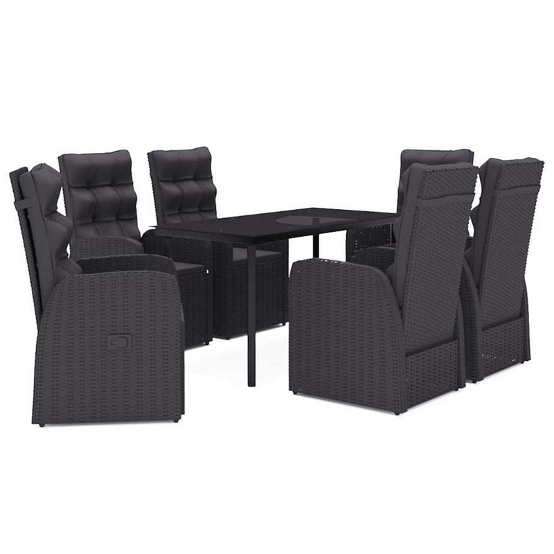Set de masă pentru grădină, 7 piese, cu perne, negru