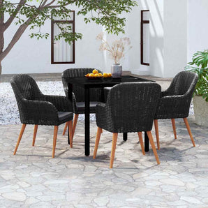 Set masă pentru grădină, 5 piese, cu perne, negru