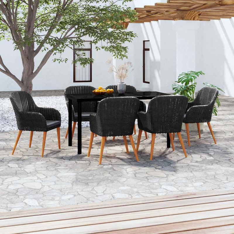 Set de masă pentru grădină, 7 piese, cu perne, negru