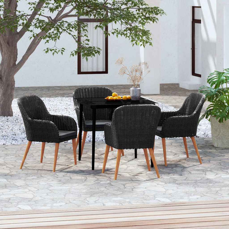Set masă pentru grădină, 5 piese, cu perne, negru