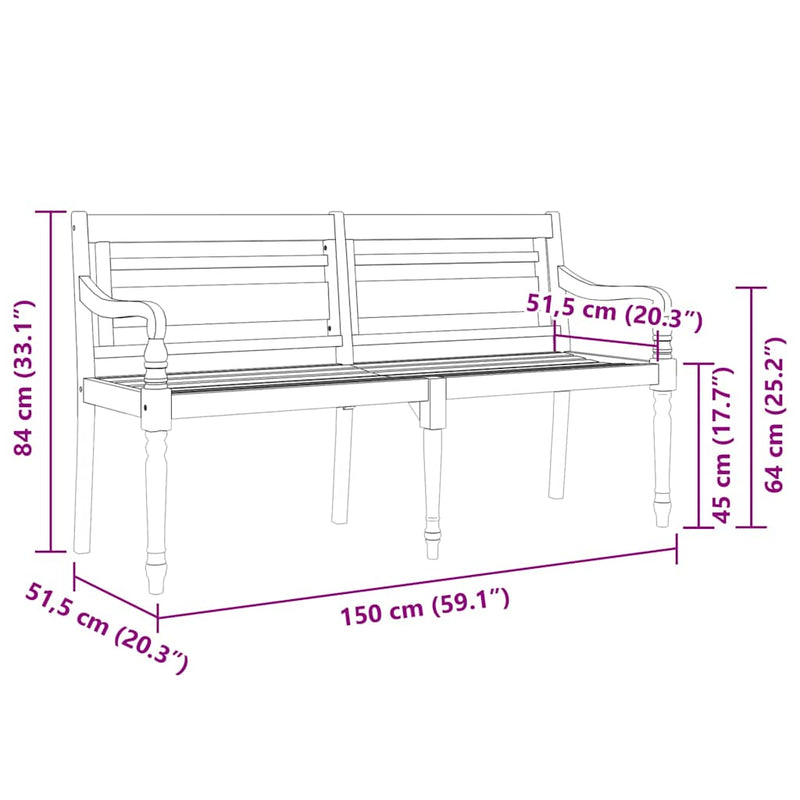 Bancă Batavia cu pernă crem, 150 cm, lemn masiv de tec