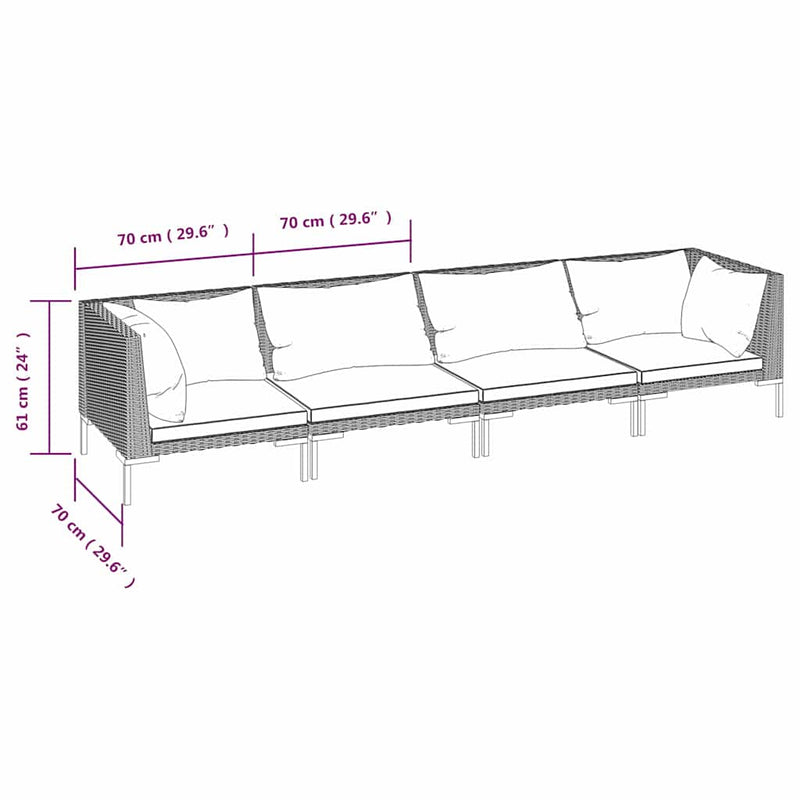 Set mobilier de grădină cu perne, 4 piese, gri închis poliratan