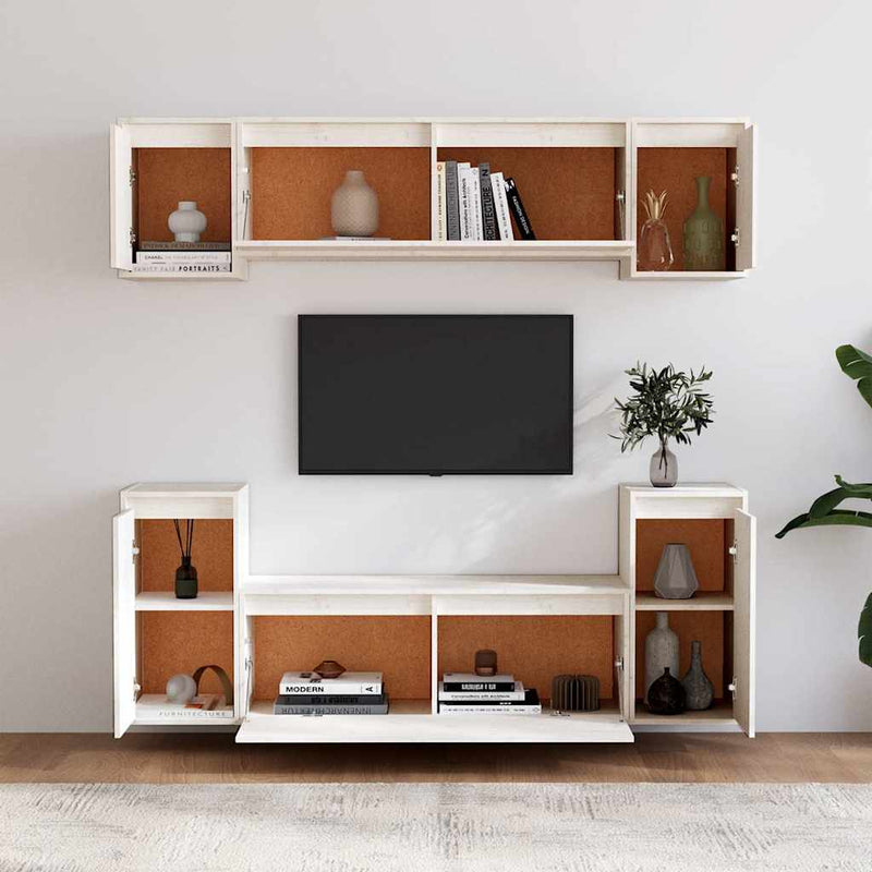 Comode TV, 6 buc., alb, lemn masiv de pin
