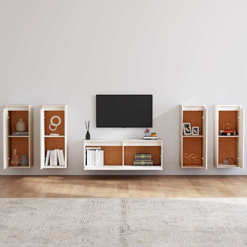 Comode TV, 5 buc., alb, lemn masiv de pin