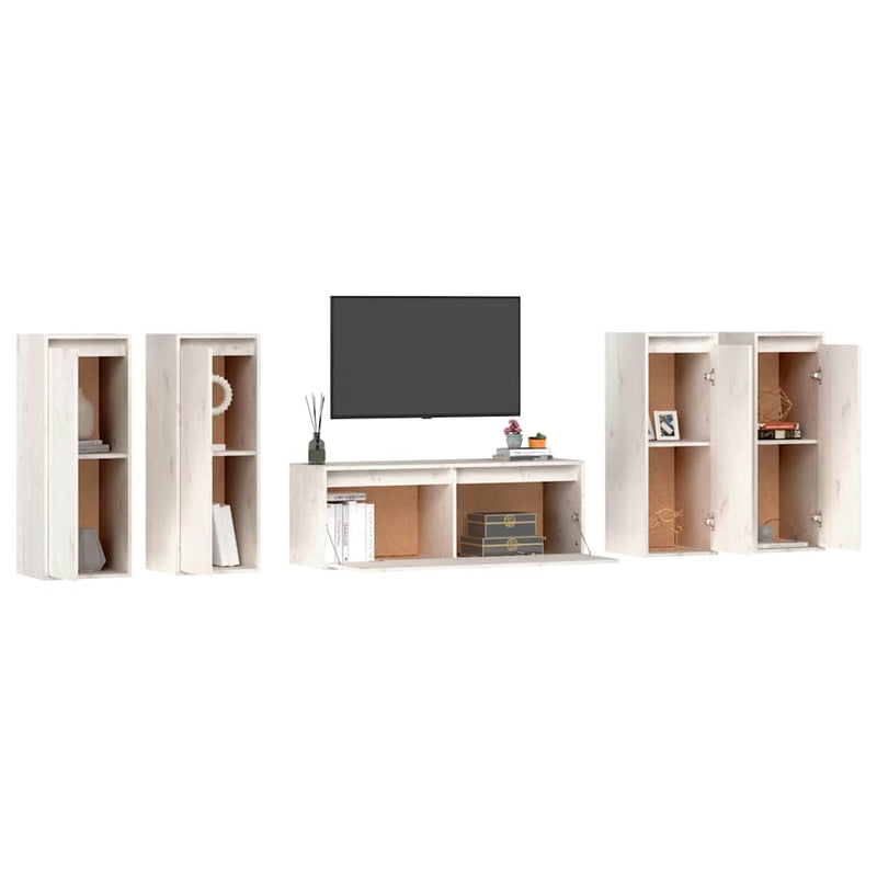 Comode TV, 5 buc., alb, lemn masiv de pin