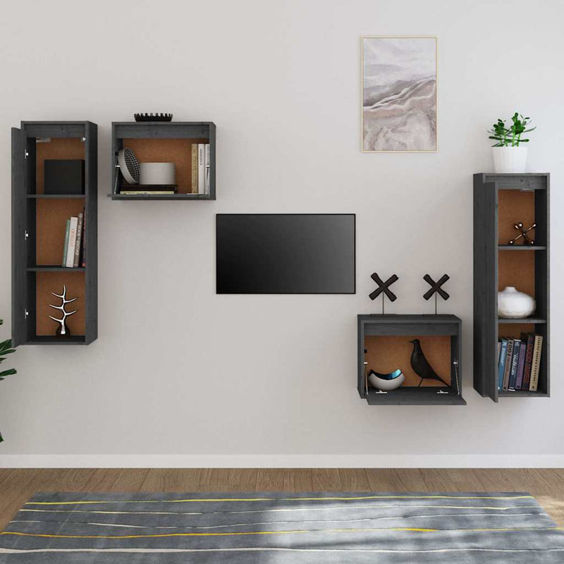 Comode TV, gri, 4 buc., lemn masiv de pin