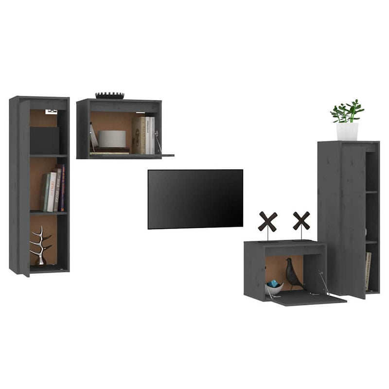 Comode TV, gri, 4 buc., lemn masiv de pin