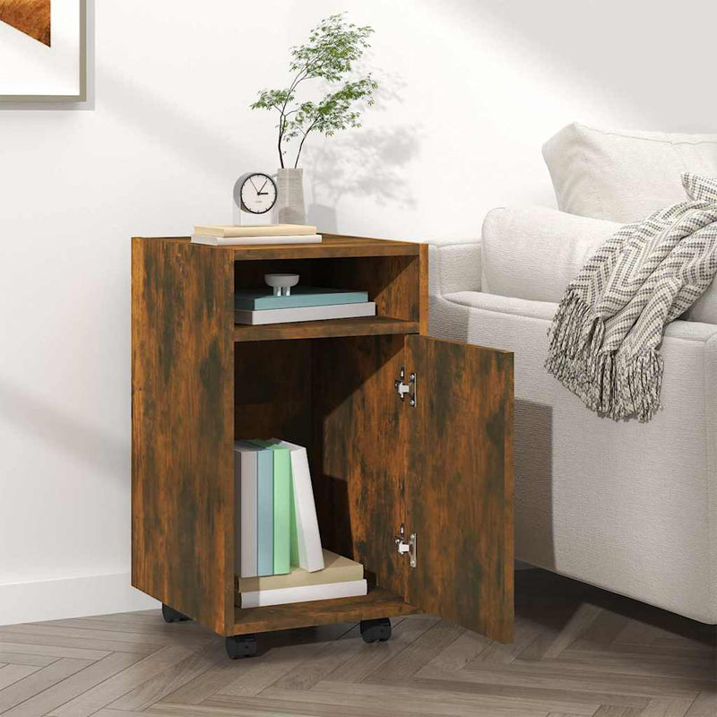 Dulap lateral cu roți stejar afumat 33x38x60 cm lemn prelucrat
