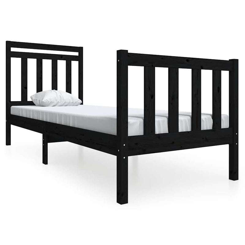 Cadru de pat mic single, negru, 75x190 cm, lemn masiv