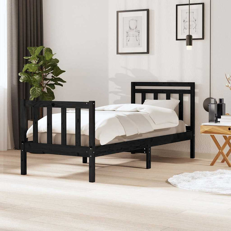 Cadru de pat mic single, negru, 75x190 cm, lemn masiv
