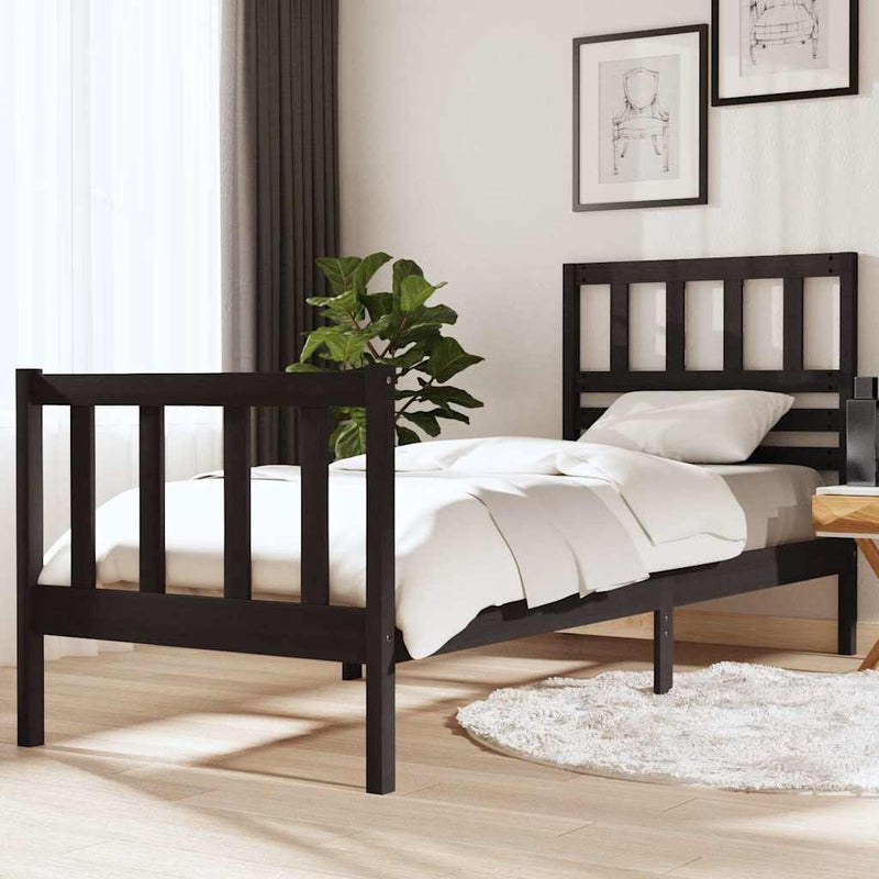 Cadru de pat mic single, negru, 75x190 cm, lemn masiv