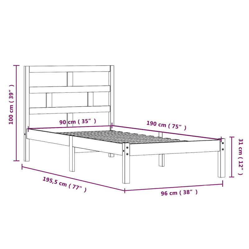 Cadru de pat single, alb, 90x190 cm, lemn masiv