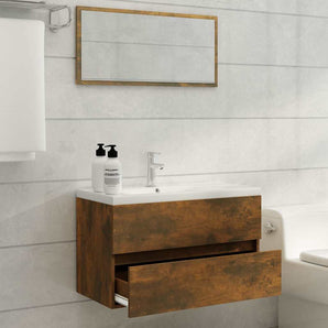 Set mobilier de baie, 2 piese, stejar fumuriu, lemn prelucrat