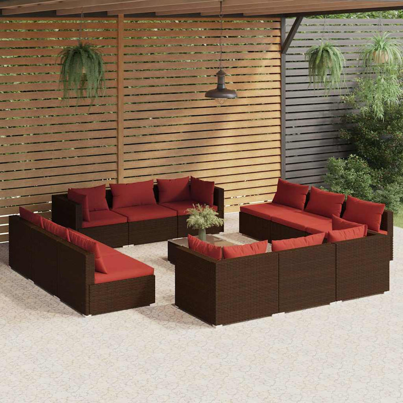 Set mobilier de grădină cu perne, 13 piese, maro, poliratan
