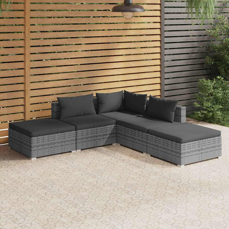 Set mobilier de grădină cu perne, 5 piese, gri, poliratan