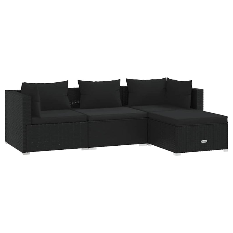 Set mobilier de grădină cu perne, 4 piese, negru, poliratan