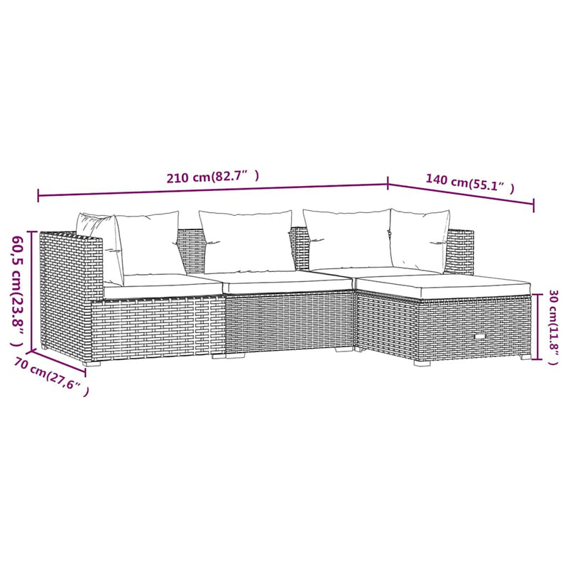 Set mobilier de grădină cu perne, 4 piese, negru, poliratan