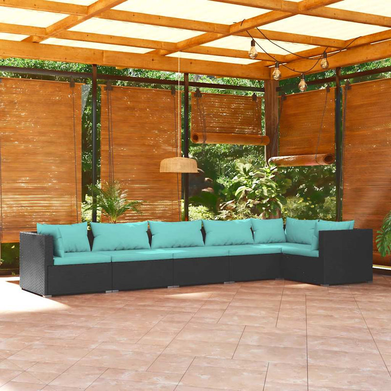 Set mobilier de grădină cu perne, 6 piese, negru, poliratan