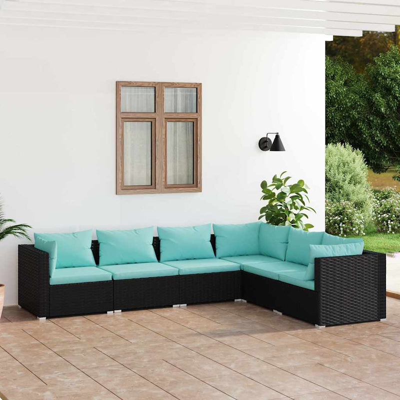Set mobilier de grădină cu perne, 6 piese, negru, poliratan