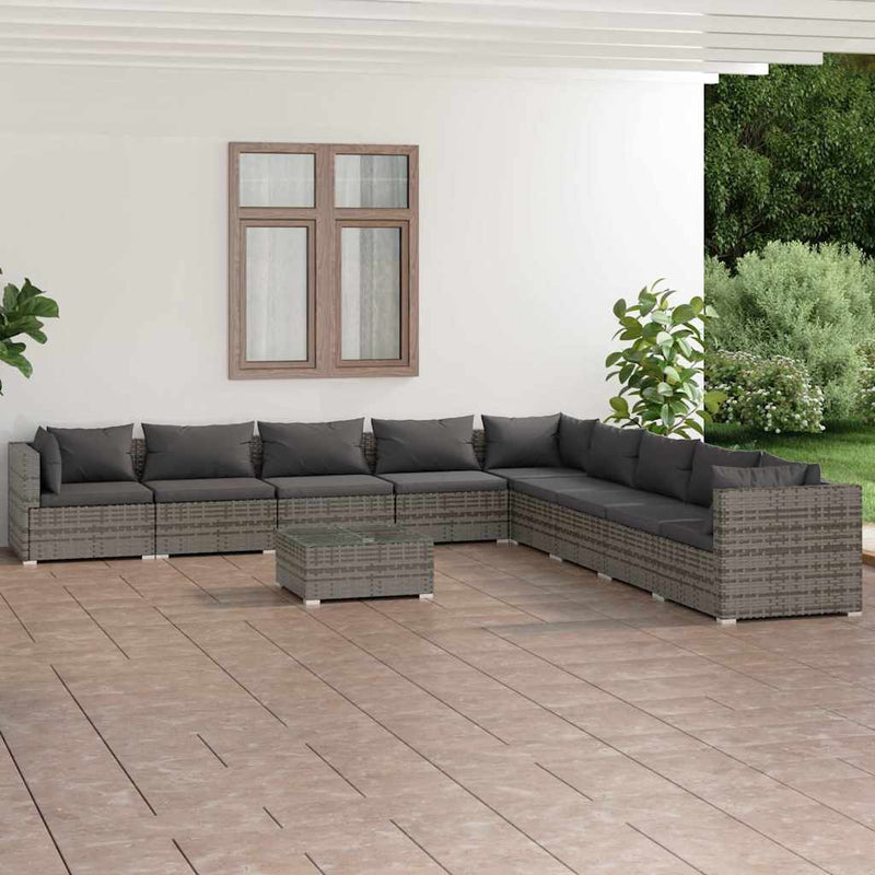 Set mobilier de grădină cu perne, 10 piese, gri, poliratan