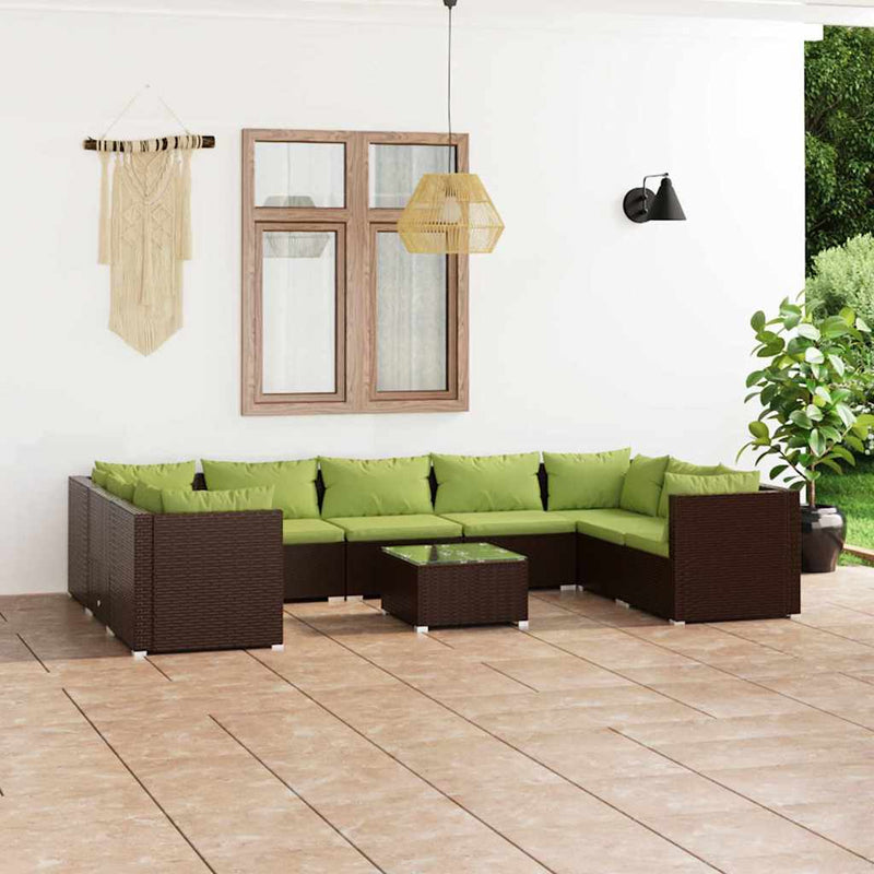 Set mobilier de grădină cu perne, 10 piese, maro, poliratan
