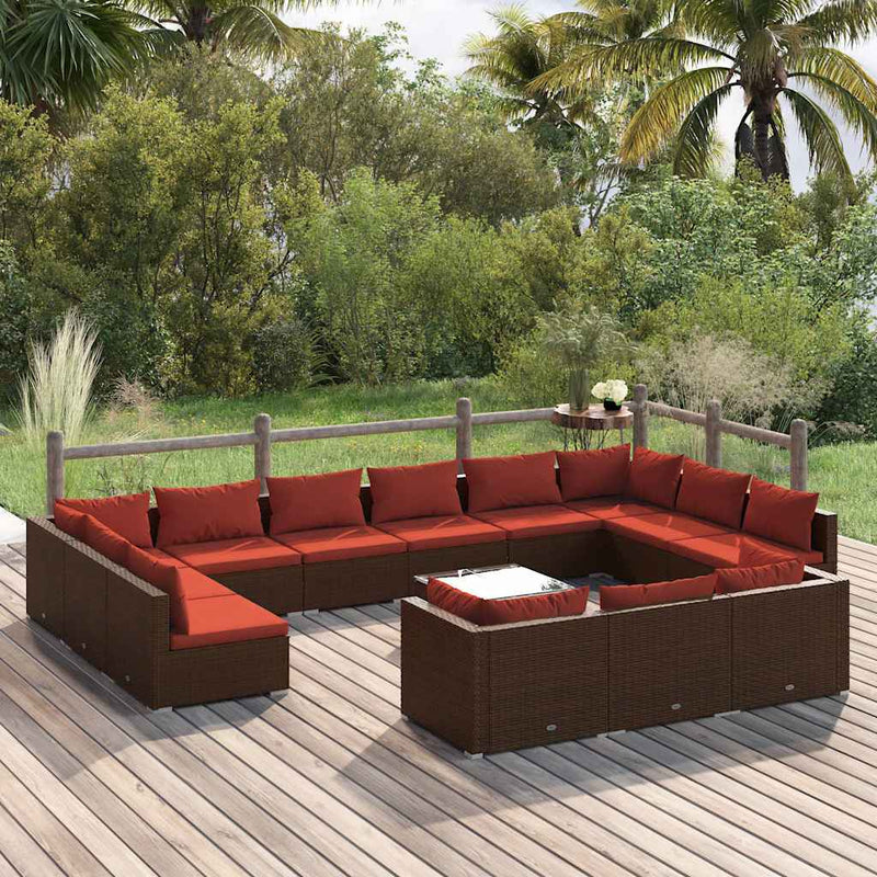 Set mobilier de grădină cu perne, 14 piese, maro, poliratan