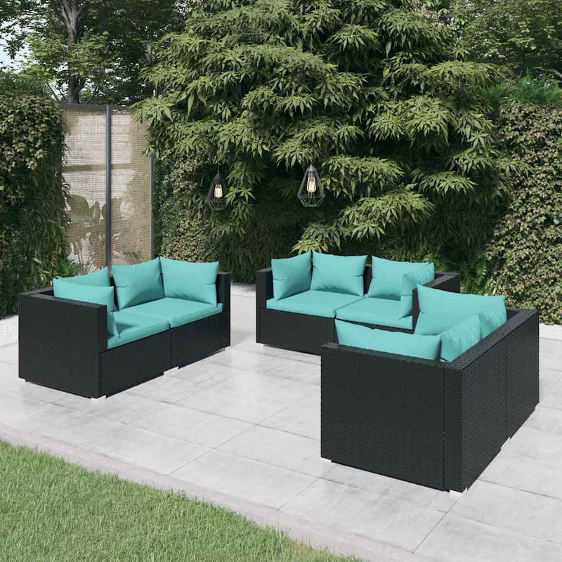 Set mobilier de grădină cu perne, 6 piese, negru, poliratan