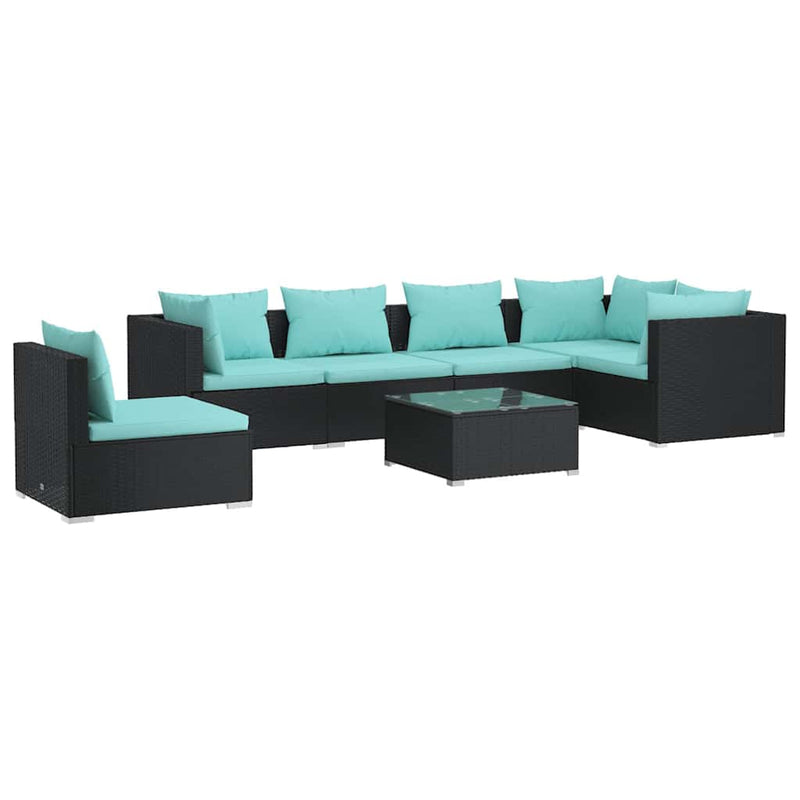 Set mobilier de grădină cu perne, 7 piese, negru, poliratan