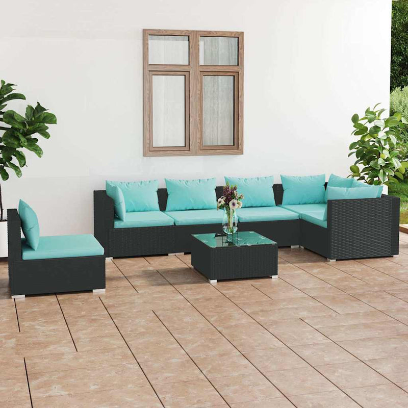 Set mobilier de grădină cu perne, 7 piese, negru, poliratan