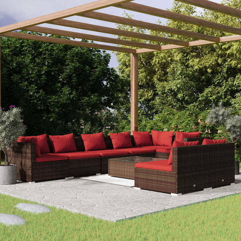 Set mobilier de grădină cu perne, 9 piese, maro, poliratan