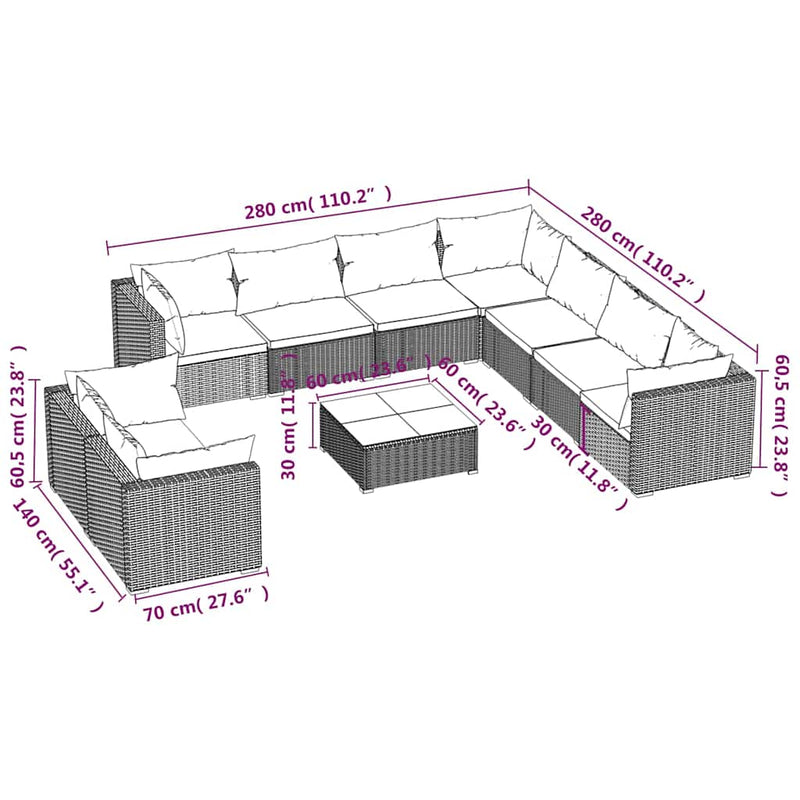 Set mobilier de grădină cu perne, 10 piese, maro, poliratan