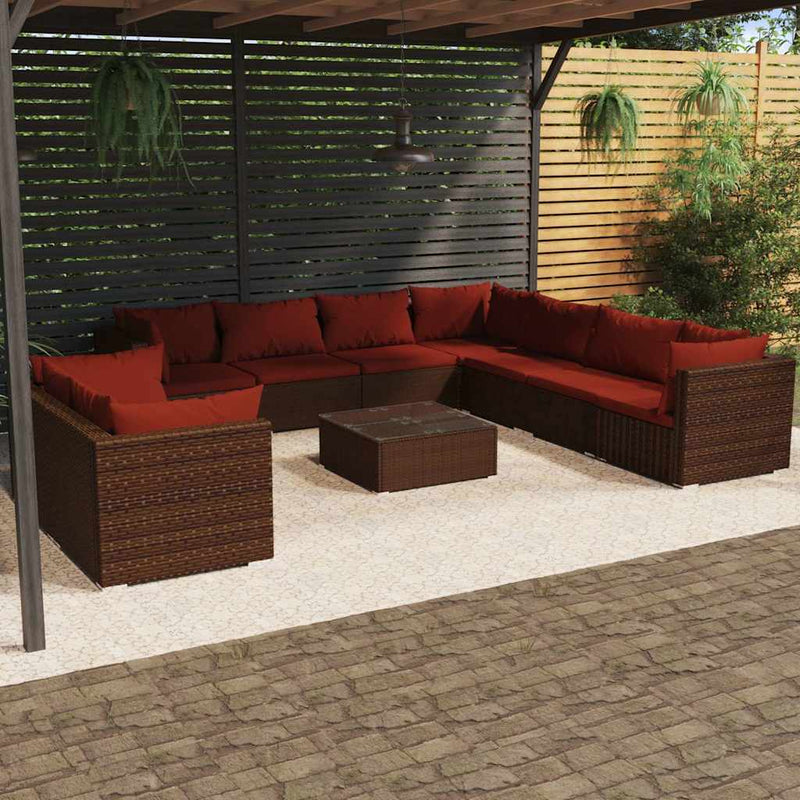 Set mobilier de grădină cu perne, 10 piese, maro, poliratan
