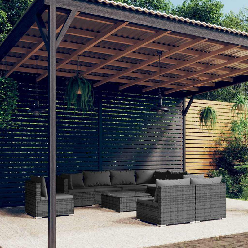 Set mobilier de grădină cu perne, 10 piese, gri, poliratan