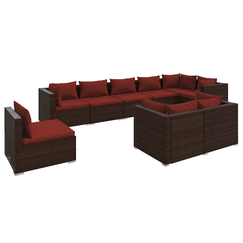 Set mobilier de grădină cu perne, 9 piese, maro, poliratan
