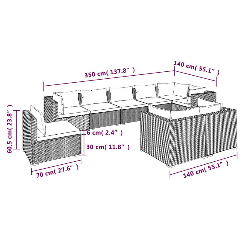 Set mobilier de grădină cu perne, 9 piese, maro, poliratan