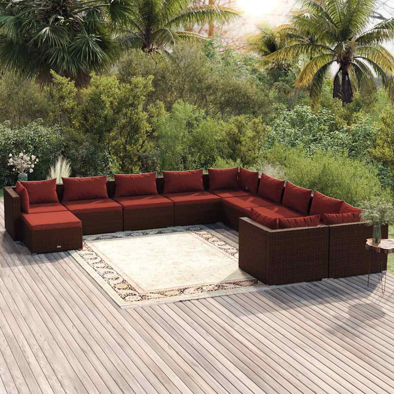 Set mobilier de grădină cu perne, 11 piese, maro, poliratan