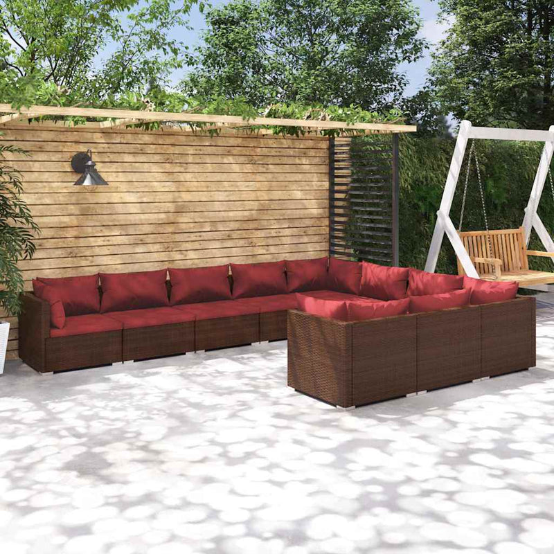 Set mobilier de grădină cu perne, 10 piese, maro, poliratan