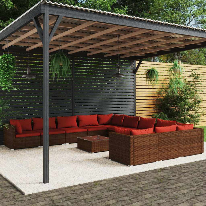 Set mobilier de grădină cu perne, 12 piese, maro, poliratan