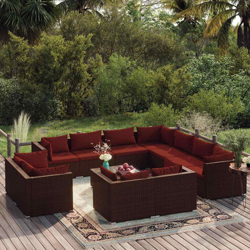 Set mobilier de grădină cu perne, 12 piese, maro, poliratan