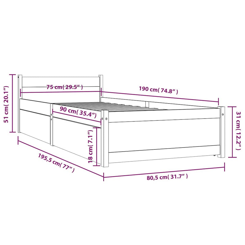 Cadru de pat cu sertare Small Single, 75x190 cm