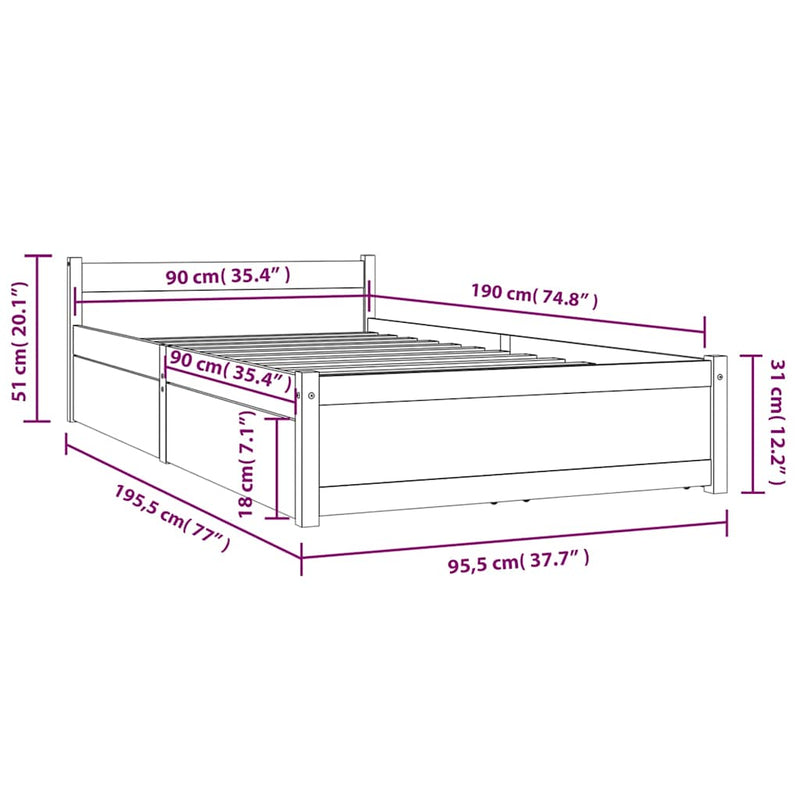 Cadru de pat cu sertare Single, alb, 90x190 cm