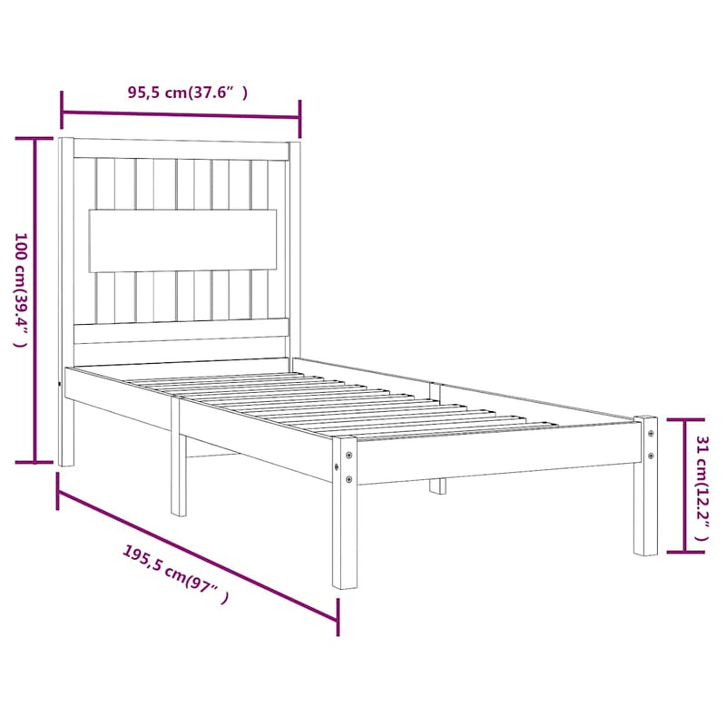 Cadru de pat single, alb, 90x190 cm, lemn masiv de pin