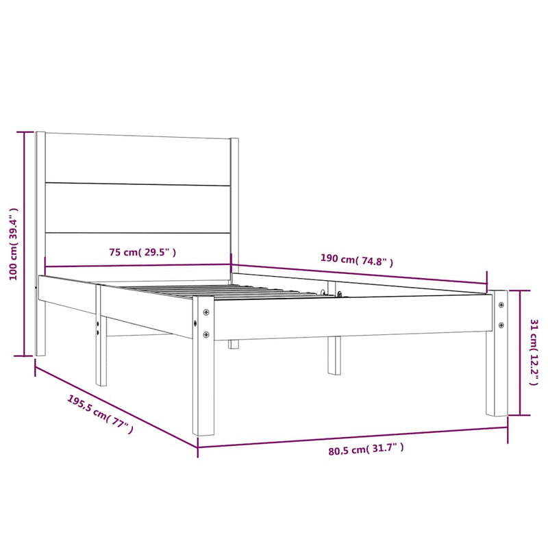 Cadru de pat mic single, 75x190 cm, lemn masiv