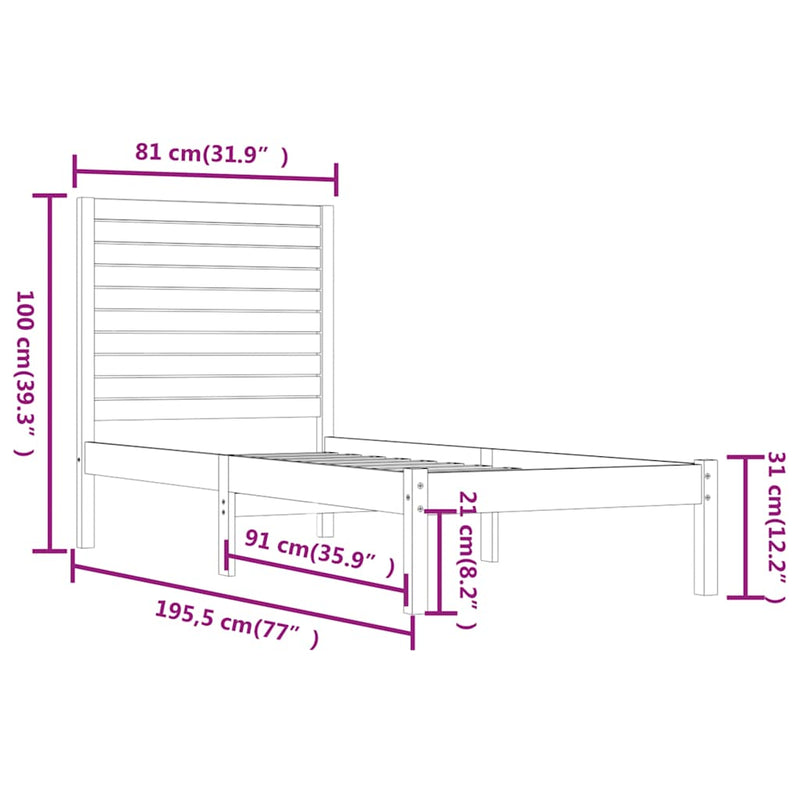 Cadru de pat mic single, 75x190 cm, lemn masiv