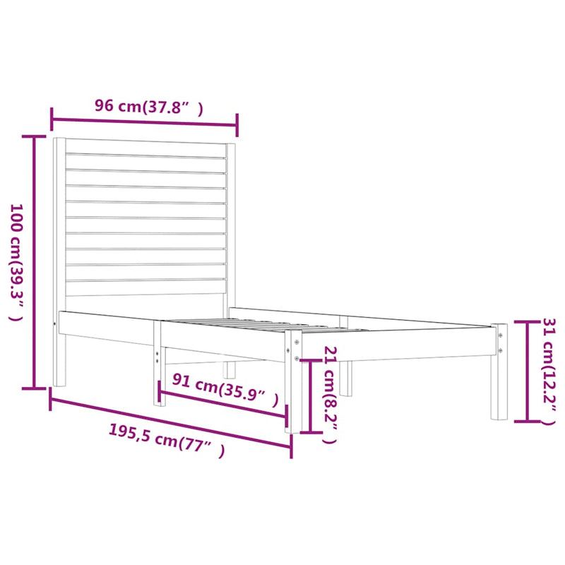 Cadru de pat single, alb, 90x190 cm, lemn masiv